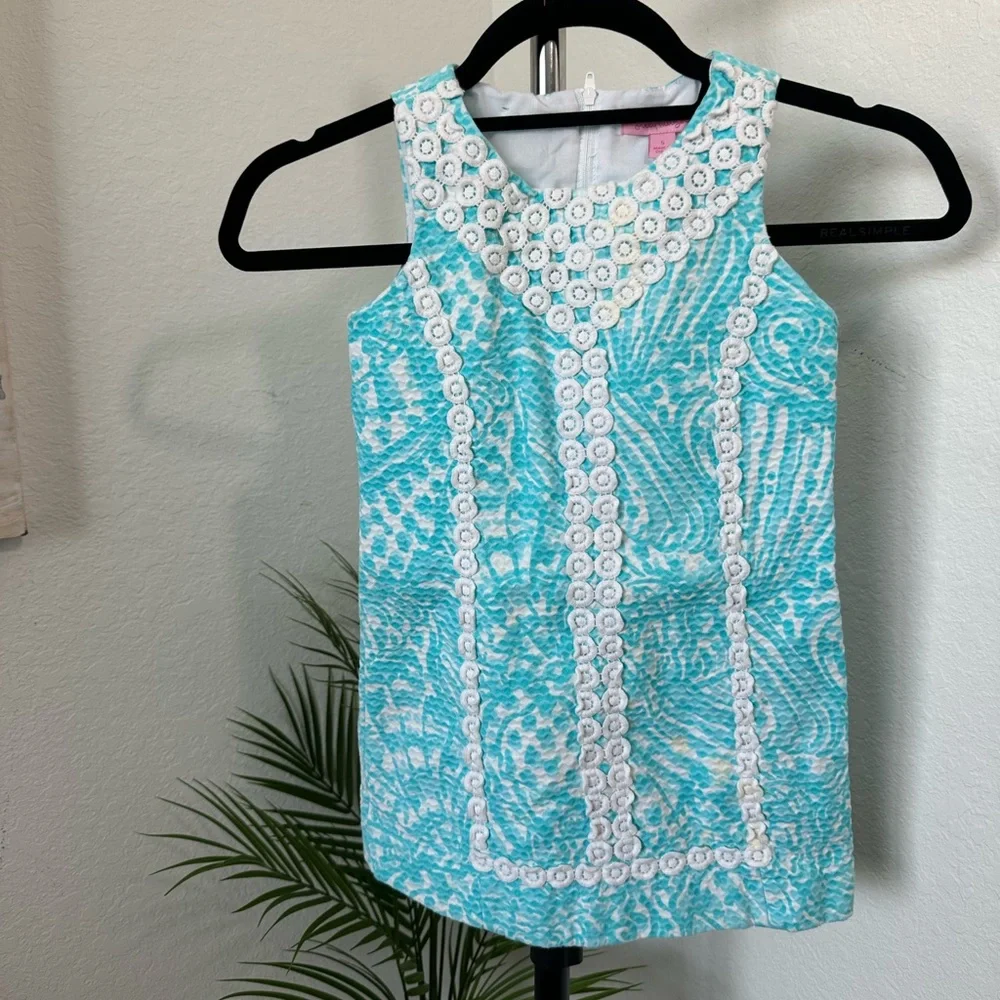Lilly Pulitzer Girls Aqua and White Embroidered Shift Dress